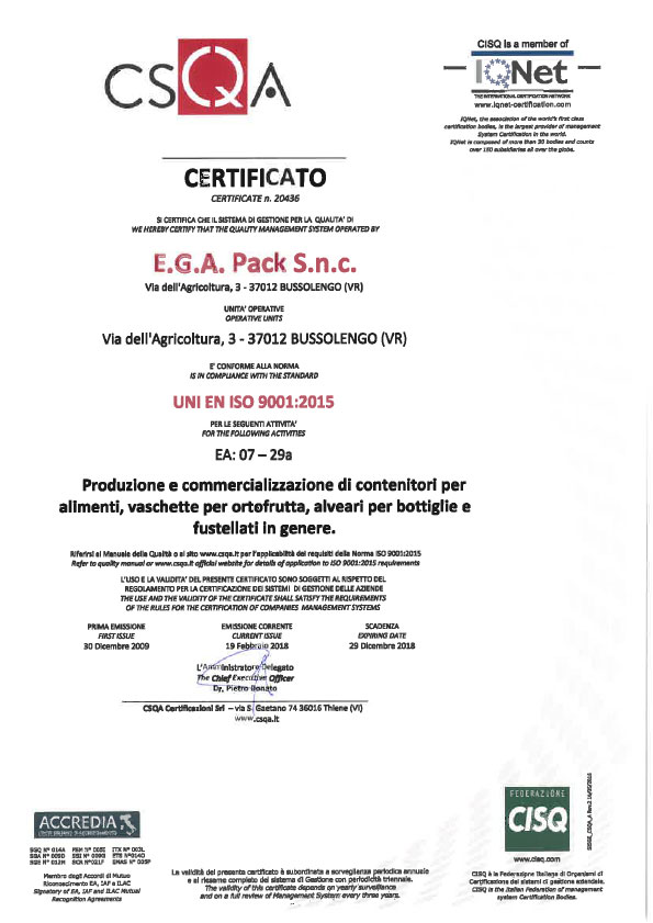 Certificazione UNI EN ISO 9001 : 2015 - E.G.A. PACK